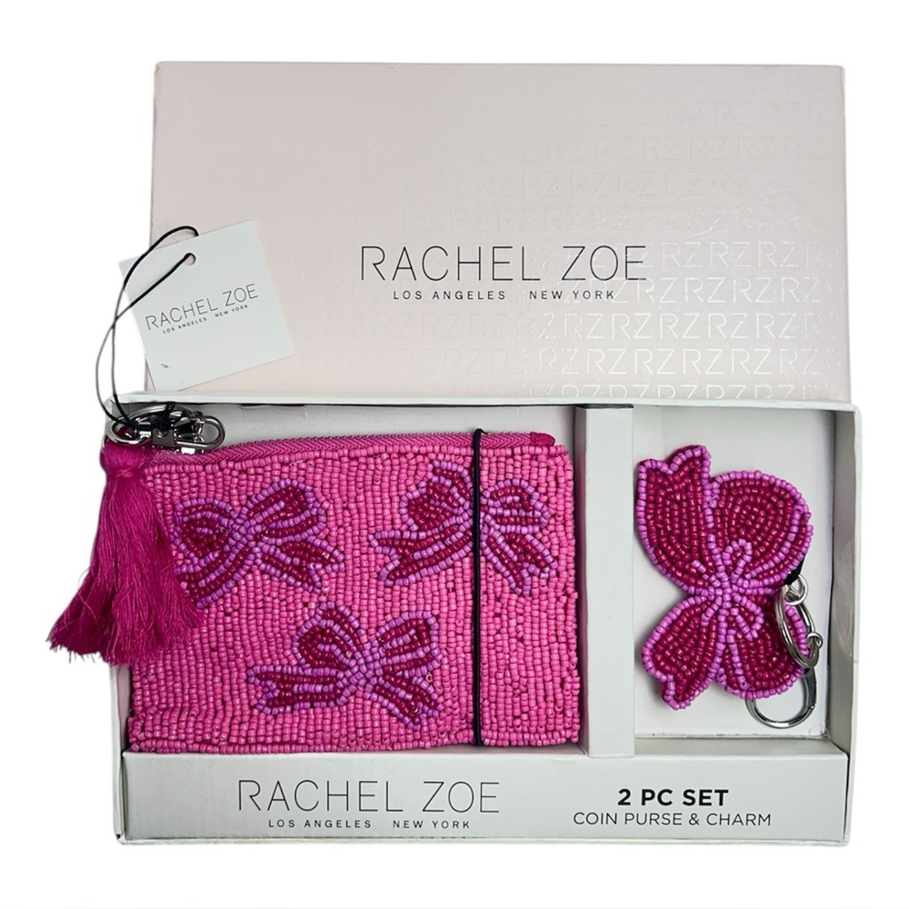 Rachel Zoe Beaded Coin purse and Charm Pink Bows Design 2-piece set NIB